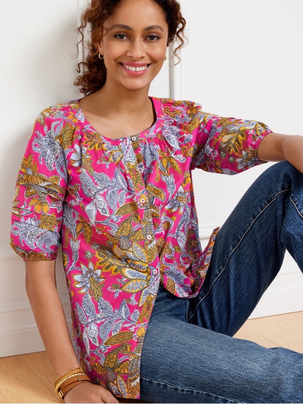Talbots Pleated Sleeve 100% Cotton Button Front Top in Lively Floral - Size SP